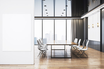 Aufkleber - Modern conference room interior with large windows, wooden floor, empty poster on wall, stylish lighting and elegant design. 3D Rendering. 3D Rendering