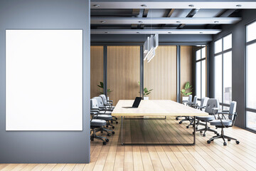 Poster - Modern conference room interior with wooden floor, large windows, empty vertical poster frame on wall, clean minimalist business design. 3D Rendering