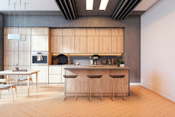 Poster - Modern wooden kitchen interior with stylish minimalist decor and lighting, featuring dining area and island counter in cozy home space. 3D Rendering