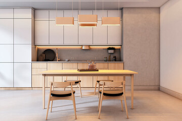 Poster - Modern luxury kitchen interior with minimalist wooden furniture, ambient lighting, and clean design elements in a cozy home setting. 3D Rendering