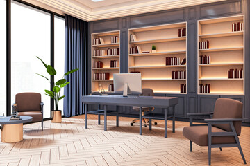 Poster - Modern executive office interior with luxury furniture, panoramic windows, and stylish workspace featuring desk, chairs, and elegant decor. 3D Rendering