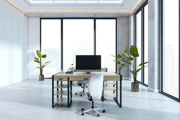 Poster - Modern minimalist office interior with large windows and bright city view, featuring sleek desk and chair in clean, professional workspace. 3D Rendering