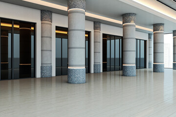 Poster - Spacious modern empty corridor with cylindrical columns, contemporary design style, bright indoor background, concept of business interior. 3D Rendering