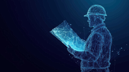 Poster - Polygonal Architect with Blueprint in Hard Hat - Abstract Digital Wireframe Illustration on Dark Blue Background, Construction Concept, Flat Minimalist SVG Vector