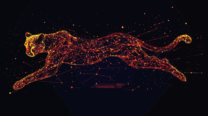 Poster - Vector Cheetah in Fiery Digital Network Style on Dark Background, Speed and Agility Business Concept, Abstract Technology and Innovation Art