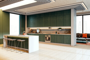 Poster - Modern kitchen interior with green cabinets, white island, and cozy seating area in bright high-rise city apartment design. 3D Rendering