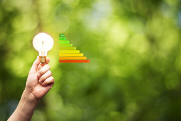 Poster - Hand holding glowing light bulb with energy efficiency rating chart on green background symbolizing eco-friendly business and sustainability concept.