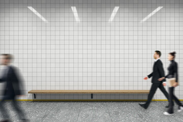 Aufkleber - Modern tiled wall background with blurred business people walking past wooden bench under bright ceiling lights in creative interior design space.