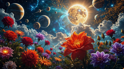 Wall Mural - colorful flowers bloom in a dreamy alien landscape