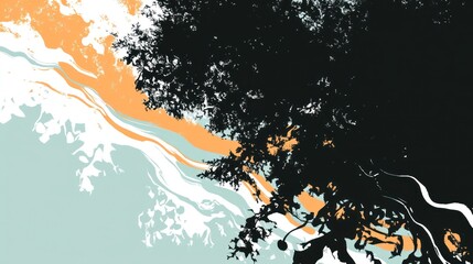 Abstract tree silhouette, marbled background