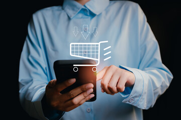 Poster - Mobile Shopping Concept with User Interacting and Cart Icon Overlay, business concept