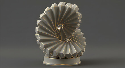 Abstract Geometric Sculpture With Metallic Golden Details On Neutral Background