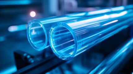 Poster - Abstract Blue Glass Tubes Industrial Design Background Modern Technology Science Futuristic Clean Energy Transparent Pipes Bright Light Illuminated   