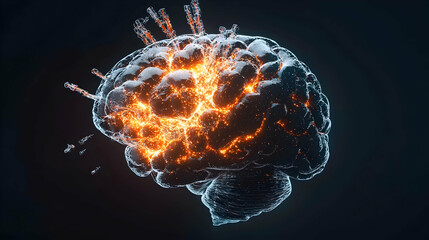 Poster - A glowing brain with technological implants on a dark background suggestive of advanced neuroscience or mental health concepts. Applied to medical research.