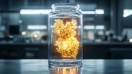 Poster - A glowing golden cellular structure is contained within a clear glass jar. This imagery could represent a scientific discovery. Apply it to biotech or lab presentations.