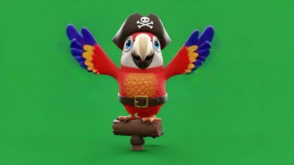Cartoon Parrot Wearing Pirate Hat Standing on Wooden Perch Animation