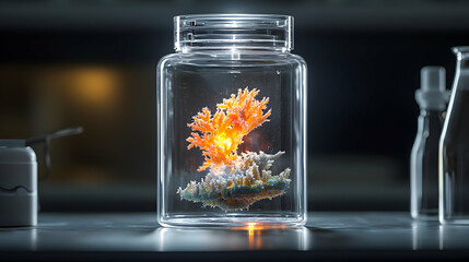Poster - a vibrant coral specimen encased in a glass jar glows with otherworldly light. suggesting potential 