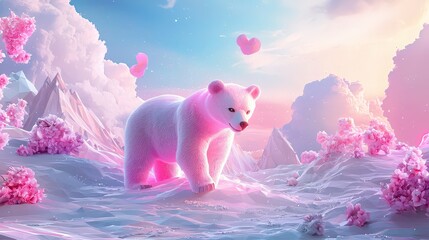 Poster - A low-poly bear in soft pink and baby blue tones with glowing edges, set in a serene digital landscape