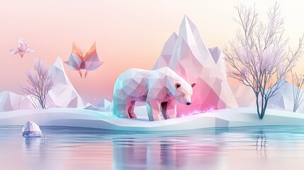 Poster - A low-poly bear in soft pink and baby blue tones with glowing edges, set in a serene digital landscape