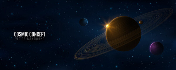 Wall Mural - galaxy background with planets and sunlight against the backdrop of shining stars. planet saturn wit