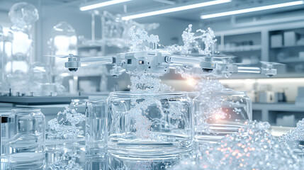 Poster - a futuristic laboratory scene featuring a drone interacting with glass containers of a substance sug