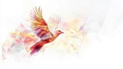 Poster - Abstract polygonal bird in flight, formed by floating angular shapes in soft tones