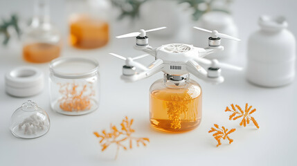 Poster - A drone is mounted on a glass jar. The jar is filled with orange liquid. Other glass jars and decorative elements are around. Possible lab or art design.