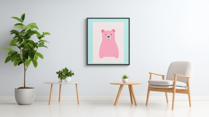 Poster - Bold pink bear art with contemporary shapes, framed against a sleek minimalist backdrop
