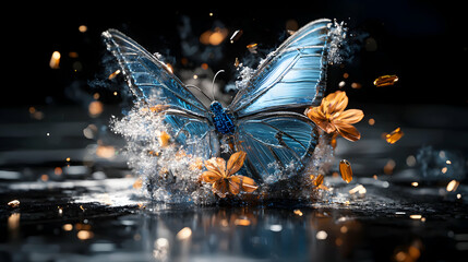 Poster - A stunning butterfly with blue wings and golden accents. It conveys beauty and ethereal qualities. This could be used as digital art or for unique product design.