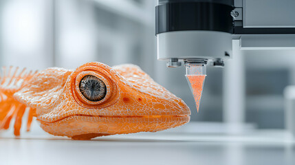 Poster - an orange gecko replica is under observation. a scientific device is poised to take a sample. it sug