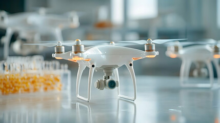 Poster - a white drone is in focus with others blurred in the background. this image could be used to illustr