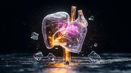 Poster - A glowing heart illustration made of glass and light. Excellent for medical science or health tech. It symbolizes energy vitality and innovation.