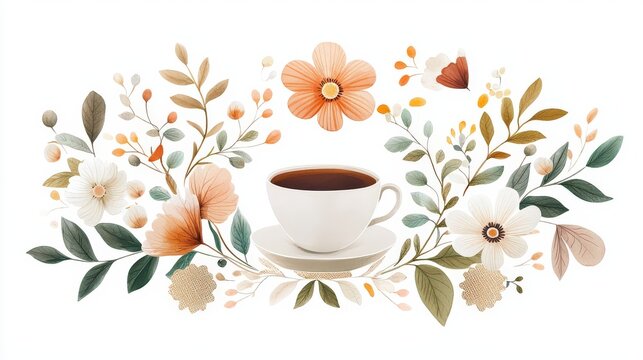Farmhouse-style tea poster design with burlap texture, hand lettering, and floral sketches