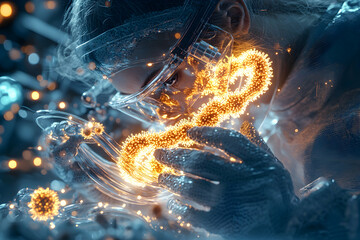 Poster - a scientist examines glowing microorganisms under a futuristic lab setting. possibly related to medi