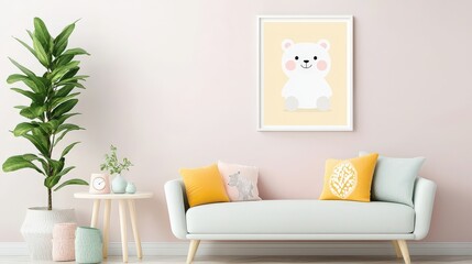 Poster - Gallery interior featuring a clean layout with a geometric bear print in soft pink tones, framed by subtle pastel accents