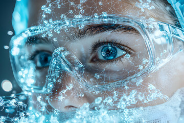 Poster - Image depicts a person's face with futuristic glasses and digital effects. Applied in science fiction or medical technology promotions to convey innovation and research.