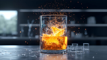 Poster - A glass of whiskey with energy particles exploding within. The image suggests innovation and technology. It is ideal for tech articles or abstract art.