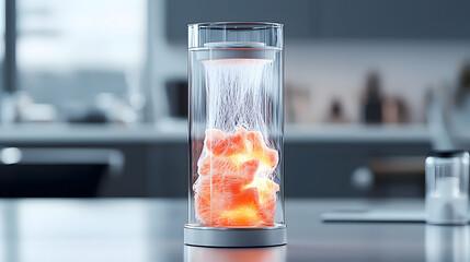 Poster - A futuristic device displays glowing matter within a glass cylinder. It suggests energy generation or scientific experimentation. Perhaps it's a conceptual design for a lab.