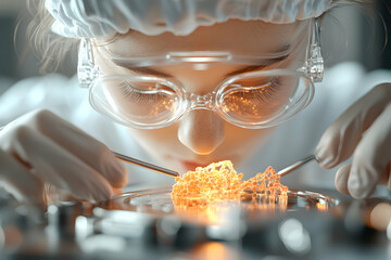 Poster - a scientist observes a glowing biological structure. it is likely a lab or research environment. it 