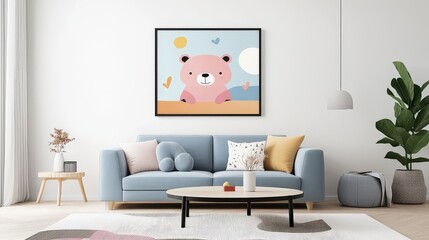 Poster - Modern living room with framed pink bear artwork in clean lines and soft pastel tones on white wall