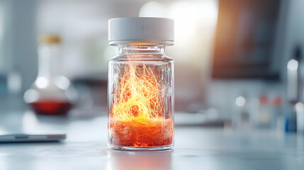 Poster - a glowing substance within a glass vial evokes scientific discovery. it could symbolize advanced tec