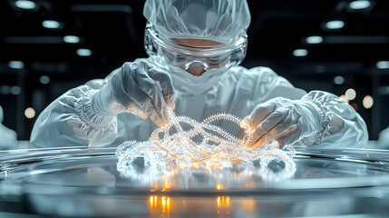 Poster - a person in protective gear handles a glowing intricate structure. the scene evokes a sense of scien