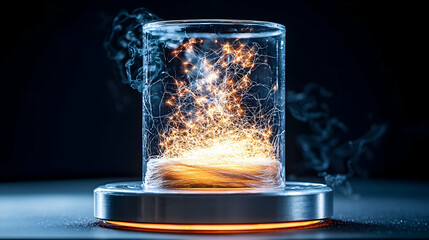 Poster - An intriguing image displays a glass container with glowing energy. This could be for scientific visualizations or futuristic art installations. The image captures energy transfer.