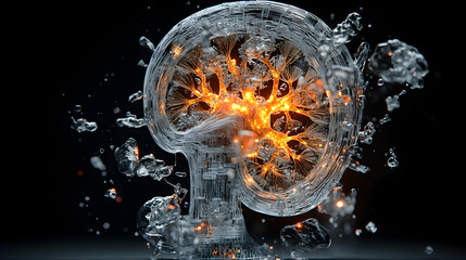 Poster - A stylized representation of a brain with glowing energy and water droplets. It suggests innovation science or data visualization themes.
