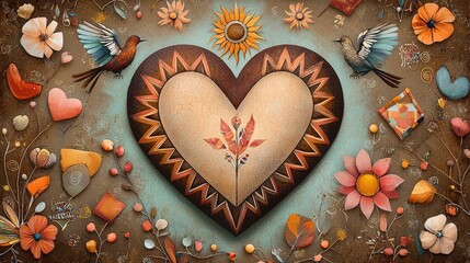 Poster - Rustic painted heart framed by geometric patterns, sun motifs, and birds, all in textured brushwork