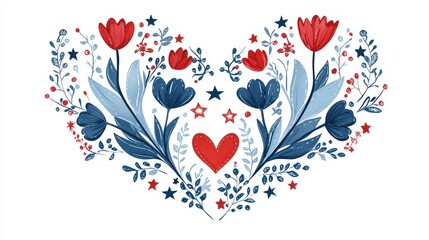 Poster - heart in blue and red folk patterns with tulips and stars, centered on white background