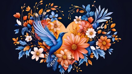 Poster - art heart surrounded by ornate flowers, birds, and swirling vines in fine brush strokes