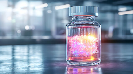 Poster - a futuristic vial glows. use in medical and scientific presentations. show innovation or advanced tr