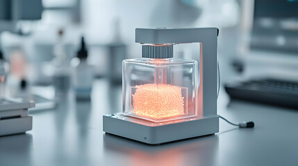 Poster - This image showcases a laboratory instrument used for scientific research. The device seems to be illuminating or heating a substance within a transparent container. It is likely utilized for analytic
