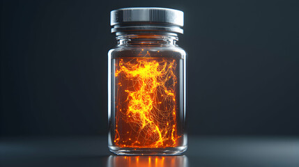 Poster - A glowing substance trapped inside a glass vial possibly representing energy or scientific discovery. Could symbolize progress innovation or the future of medicine.
